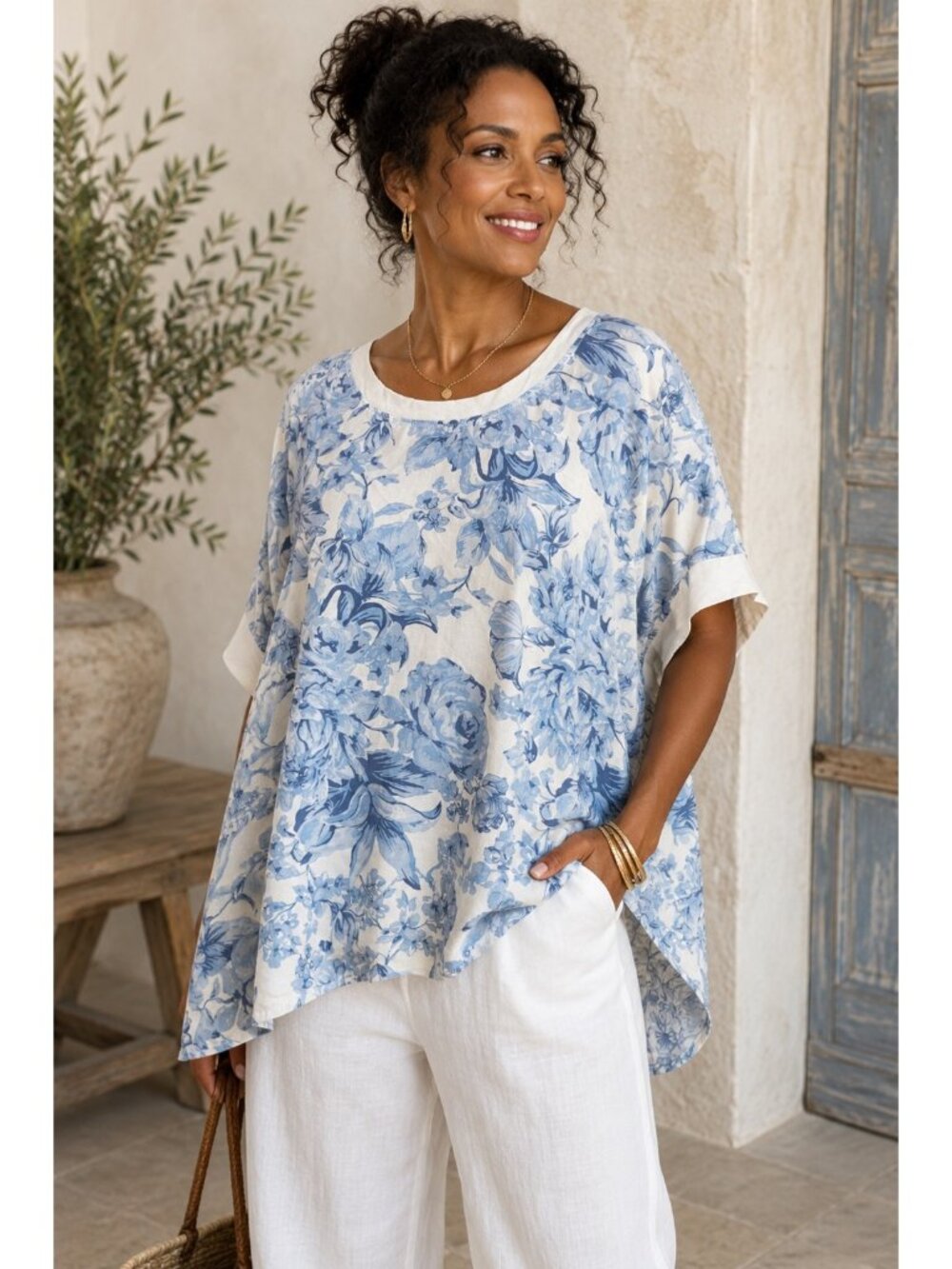 Diane Gilman Blue Floral Lyocell Oversized Tunic Top Women’s L Boho Coastal